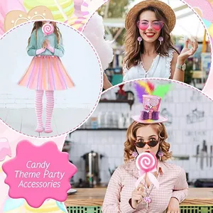 Complete candy theme party costume set featuring rainbow tutu and lollipop accessories