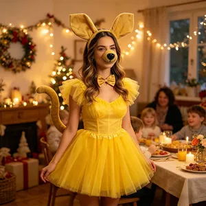 Dettaglio di una donna che indossa un set di accessori per costume da canguro giallo.
