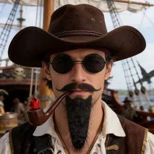 Realistic Western cowboy hat with fake beard and moustache for Halloween party costume