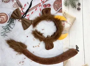 Three-piece brown plush animal costume set with horn headband, bowtie, and long tail
