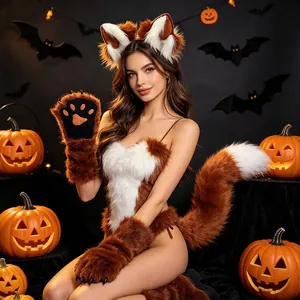Comprehensive detail of faux fur fox ears and tail set for Halloween cosplay costume.