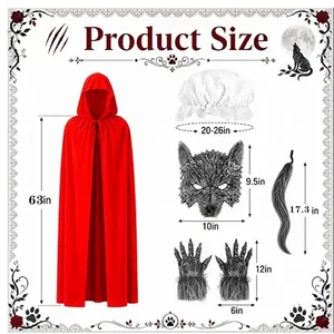 Size chart for Little Red Riding Hood wolf costume including red cloak and accessories