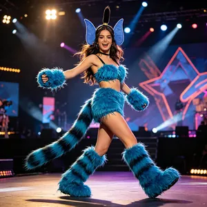 Blue striped furry cosplay costume set with ears tail paws and leg warmers