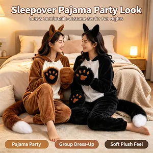 Two women wearing cute fox and cat plush costume sets with ears, tails, and paws