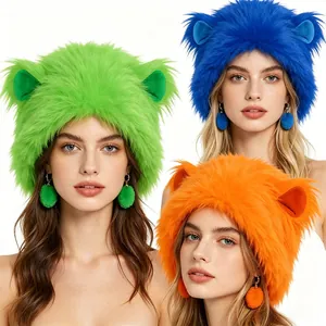 Close-up of three fuzzy monster ear hats in vibrant neon green, blue, and orange colors