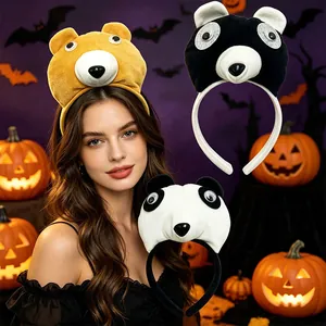 Gedetailleerd overzicht van pluche beer- en pandahofdbanden voor Halloween-kostuums.