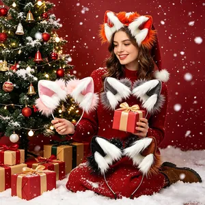 Detail of various colorful faux fur animal ear headbands in a festive snowy setting