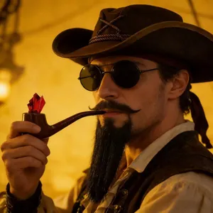 Detail of retro western cowboy hat and fake beard set for Halloween party costume