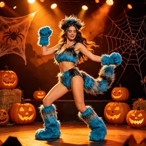 Detail of blue and black furry animal costume set with ears and oversized tail