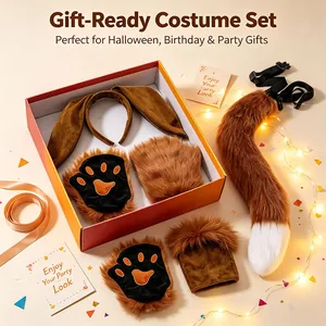 Detailed view of fox costume set including plush tail and paw gloves in a gift-ready box