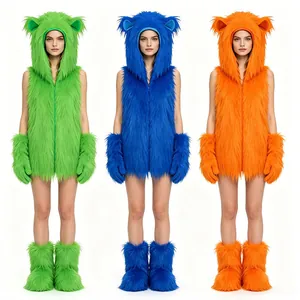 Full body faux fur monster costume set in green, blue, and orange for Halloween cosplay events