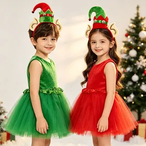 Vista detallada del disfraz de elfo de Navidad infantil con falda de tul y diadema festiva