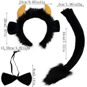 Detailed product specifications for 3-piece Halloween black furry ox horn cosplay set.
