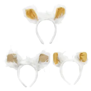 Detail view of three white plush lamb ear headbands with soft yellow inner ears.