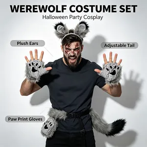 Set costume da lupo mannaro con orecchie di peluche, guanti zampa e coda regolabile