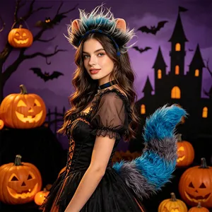Close-up of handmade blue and grey plush animal ears and tail for Halloween cosplay