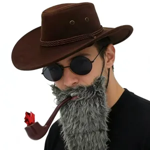 Close-up view of vintage Western cowboy costume set with brown hat and grey beard
