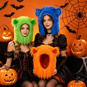Detailed view of Halloween furry monster hoods in green, blue, and orange colors.