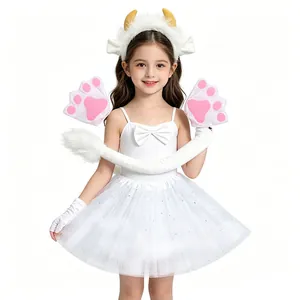 Child cow cosplay costume set with furry horn headband pink paw gloves and tail