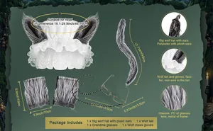 Detail view of wolf grandmother costume set including hat, tail, glasses and gloves.