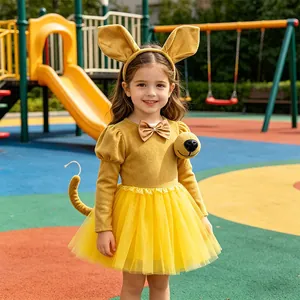 Dettaglio di un bambino che indossa un grazioso costume da canguro giallo in un parco giochi