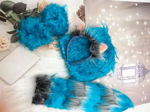 Handmade blue and grey plush animal ears headband and furry tail cosplay set