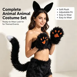 Detailed view of the black faux fur animal costume set including ears, tail and paw gloves