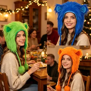 Collage of colorful furry beast ear hats in green, blue, and orange for cosplay costume.