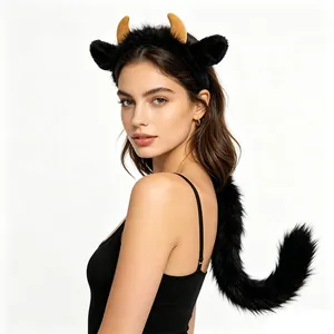 Side view of a Halloween cow costume set featuring a horn headband and furry tail