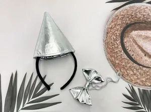Metallic silver pointed party hat headband with matching bowtie for dance performances