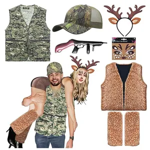 Set di costumi da renna e cacciatore per coppia con gilet mimetico e cerchietto con corna