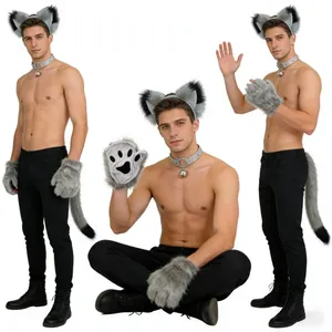 Set cosplay orecchie e coda di lupo grigio con zampe di pelliccia e collare con campanellino