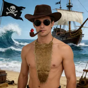 Detailed view of brown cowboy hat and long brown faux beard for pirate cosplay outfits