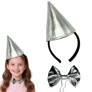Shiny silver metallic conical party hat headband and matching bow tie set for kids