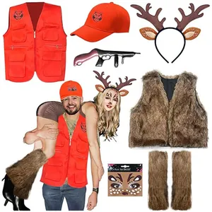 Set completo costume da renna con gilet rosso, scaldamuscoli in pelliccia e corna cervo