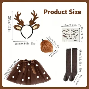 Dimensions for Christmas reindeer costume set: headband, skirt, socks, tail, and face stickers.