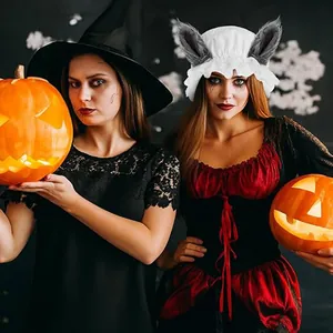 Detailed view of the white ruffled wolf grandma hat with grey furry ears for Halloween
