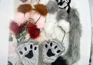 Group of colorful furry animal ears headbands with plush tail and paw gloves for cosplay