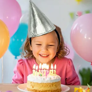 Silver glittery cone party hat for kids birthday celebration accessories