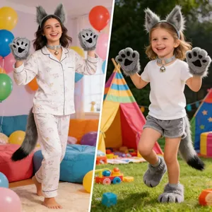 Set professionale di costumi cosplay lupo grigio con orecchie e coda di peluche per tutti.
