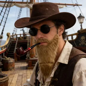 Detailed view of realistic long blonde fake beard and cowboy hat for costume party
