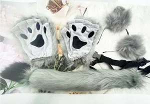 Handmade grey furry animal cosplay set including cat paw gloves, tail and ear headband