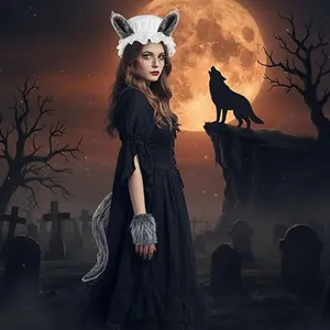 Detailed view of Wolf Grandma costume set with bonnet, ears, tail, and glasses
