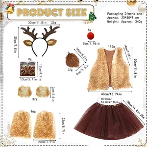 Tabella taglie dettagliata per costume da renna con gilet, fascia, gonna e accessori