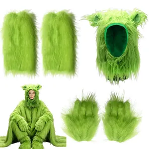 Vibrant green furry monster cosplay costume set for Halloween with hood and gloves