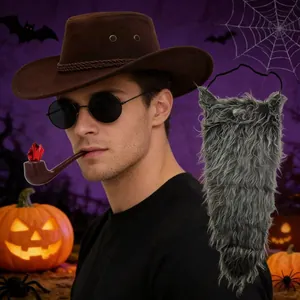 Realistic grey faux beard with elastic band and brown cowboy hat for Halloween party dress up