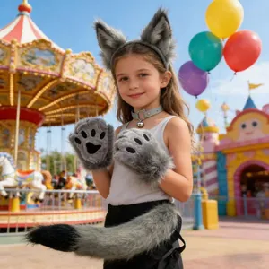 Primo piano di un bambino che indossa un set cosplay da lupo grigio al luna park