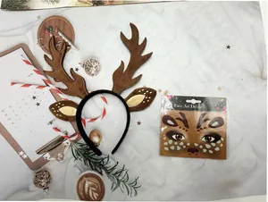 Reindeer antlers headband and festive facial stickers set for Christmas party makeup