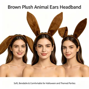 Brown plush bunny ears headband for Halloween cosplay, soft and bendable costume accessory