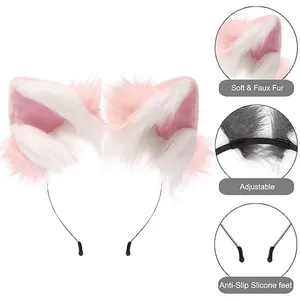 Detail view of plush faux fur cat ears headband with adjustable non-slip feet